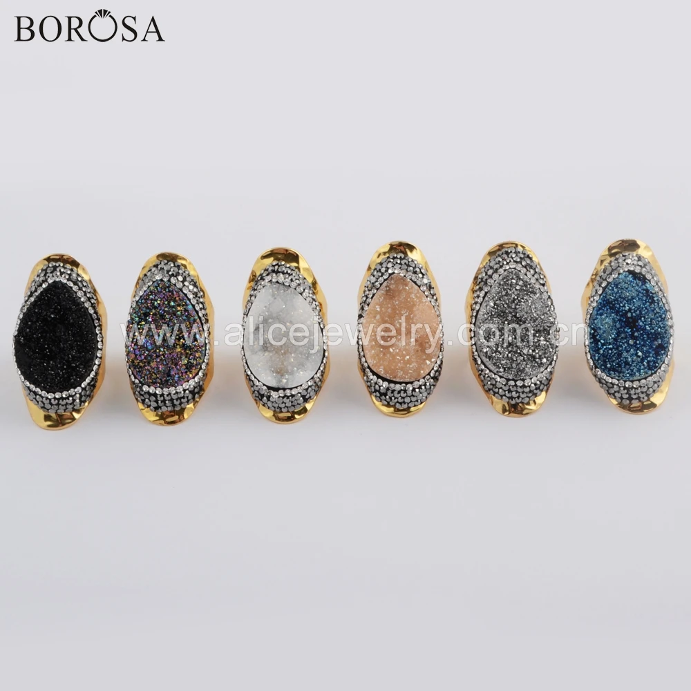 

BOROSA 5PCS New Arrival Teardrop Titanium Agates Rainbow Druzy Gold Color Sparkling Bang Ring Rhinestone Pave Jewelry JAB955-1