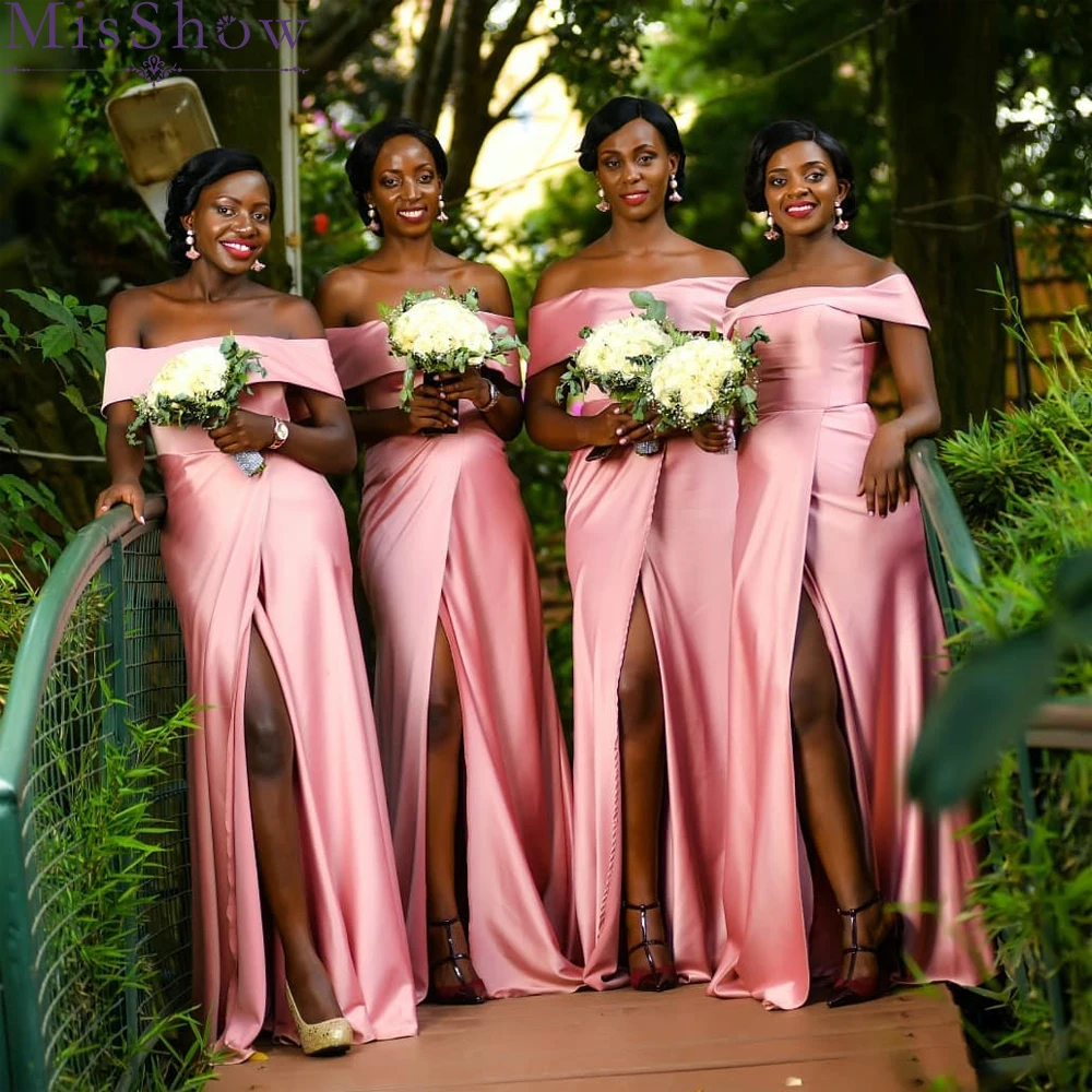 

[Custom-made] Satin Pink Bridesmaid Dresses 2019 High Split Off the Shoulder Sheath Strapless Long Dress For Women Wedding