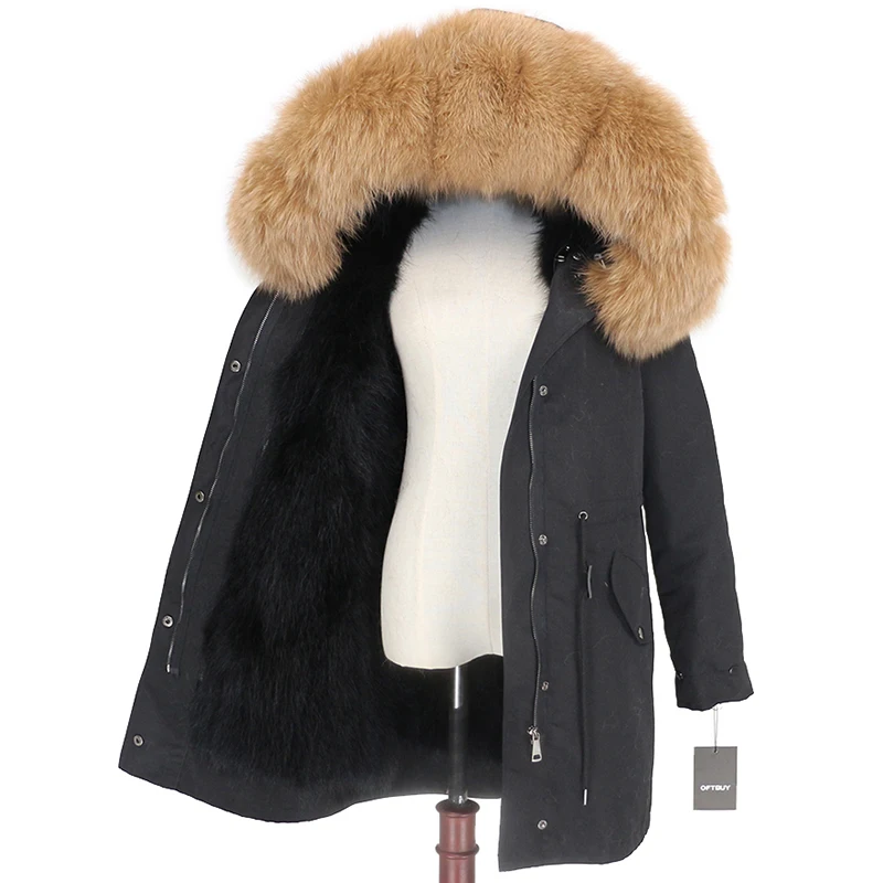 OFTBUY пальто с натуральным мехом, зимняя куртка для женщин, натуральный Лисий мех, водонепроницаемая парка, съемная верхняя одежда, Толстая теплая уличная одежда, бренд - Цвет: black black camel D