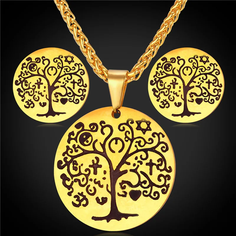 

Tree Of Life Jewellery Earrings And Necklace Set Vintage Stainless Steel/ Gold Color Jewelry Sets Women 2016 GPE2074
