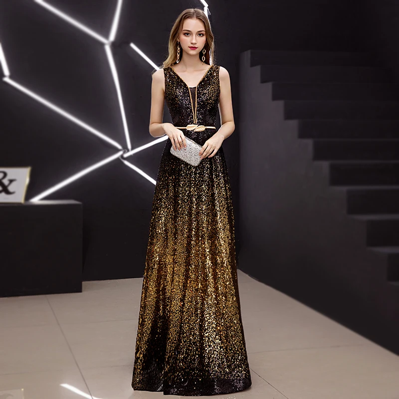 Ladybeauty 2019 Новое прибытие Градиент с блестками Вечернее платье V образным вырезом