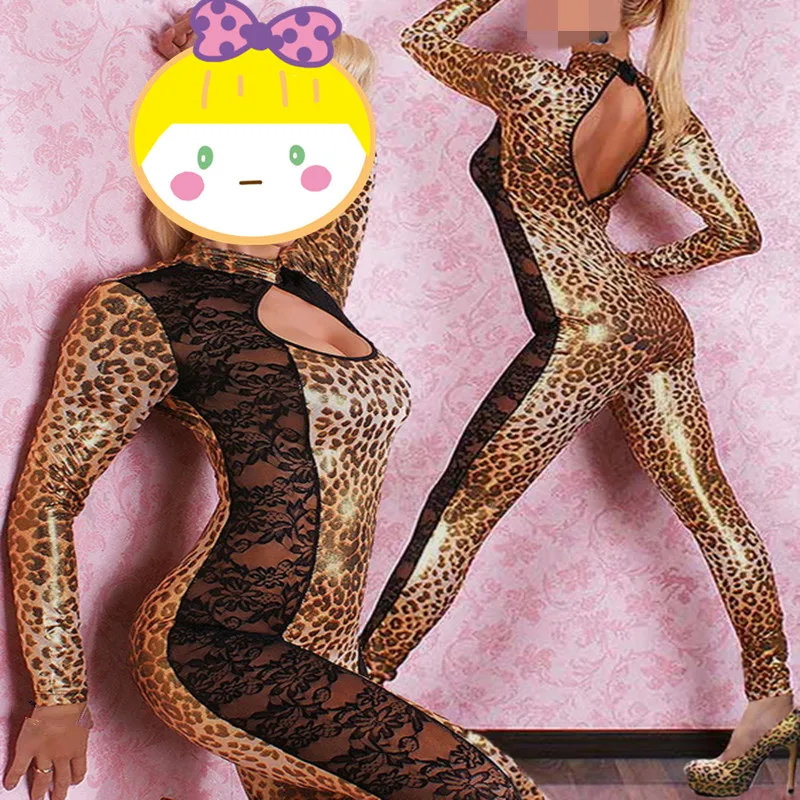 Женский кружевной комбинезон с леопардовым принтом длинным рукавом|club catsuits|women