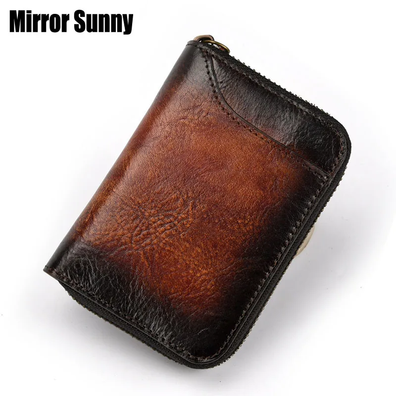 

Head Cowhide Genuine Leather Credit Card Pack Organ Retro Card Wallet For Men Women Vertical Business Card Holder Zipper Purse