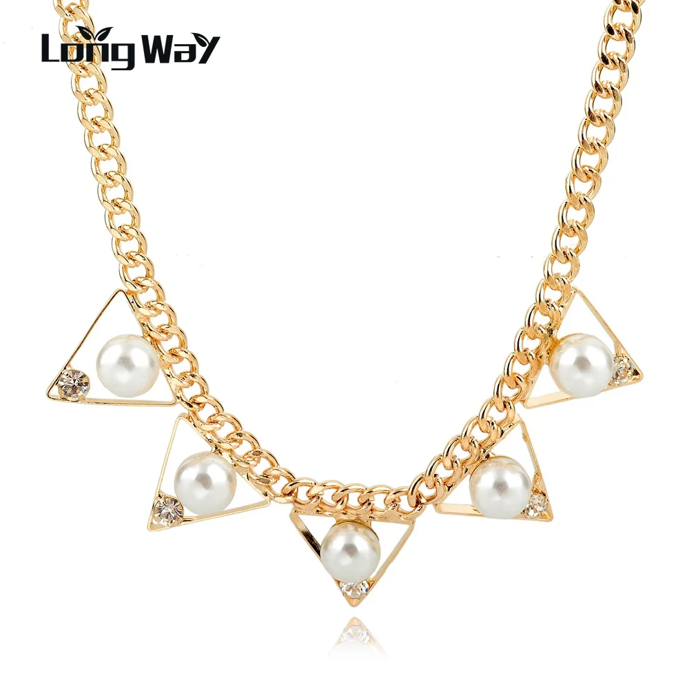 

LongWay Triangle Pendant Necklace Women With Crystal Simulated Pearl Gold Color Necklaces & Pendants Female Colares Sne160130