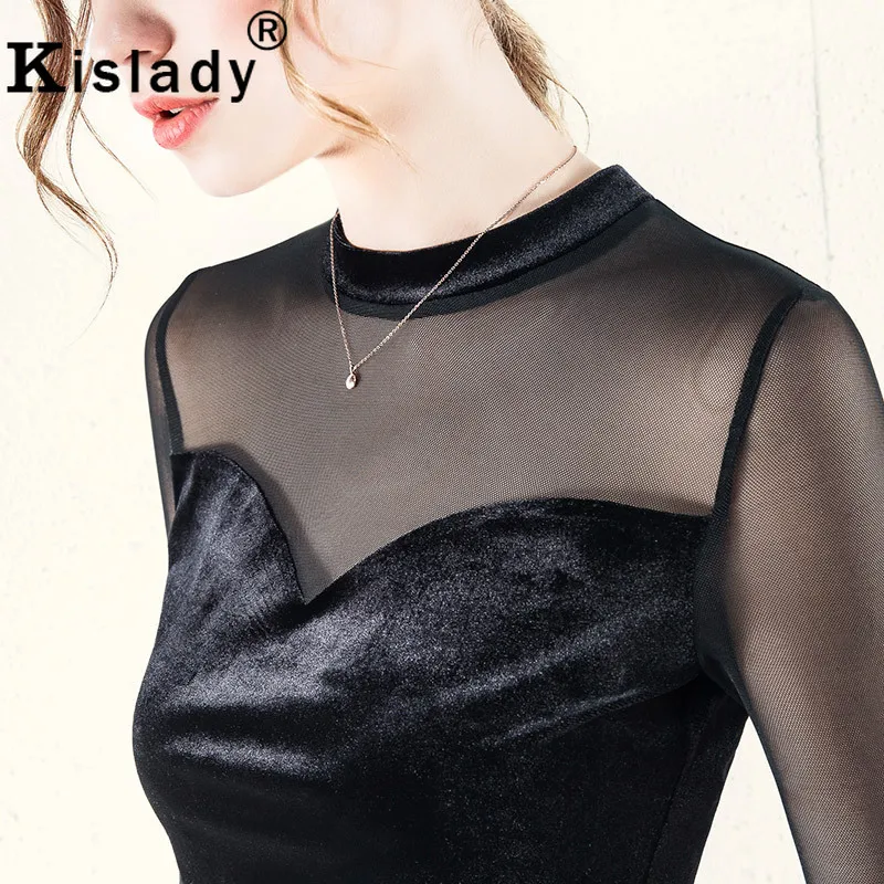 Kisaldy новые женские сетчатые Лоскутные рубашки с круглым вырезом облегающие