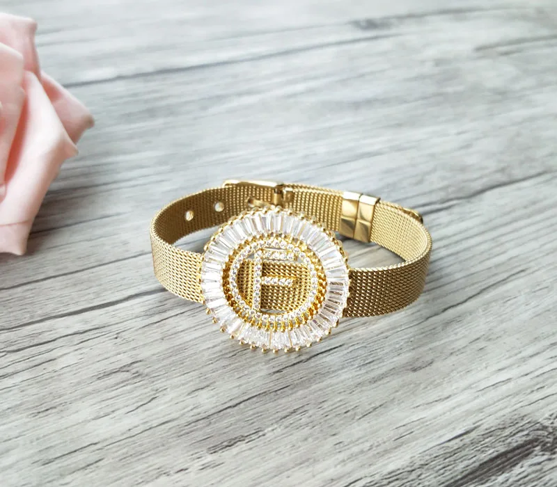 

4 Pieces Copper mirco pave cz zircon letter F Pendants,Chic circle charms big initials Strap bracelet jewelry For women BG190