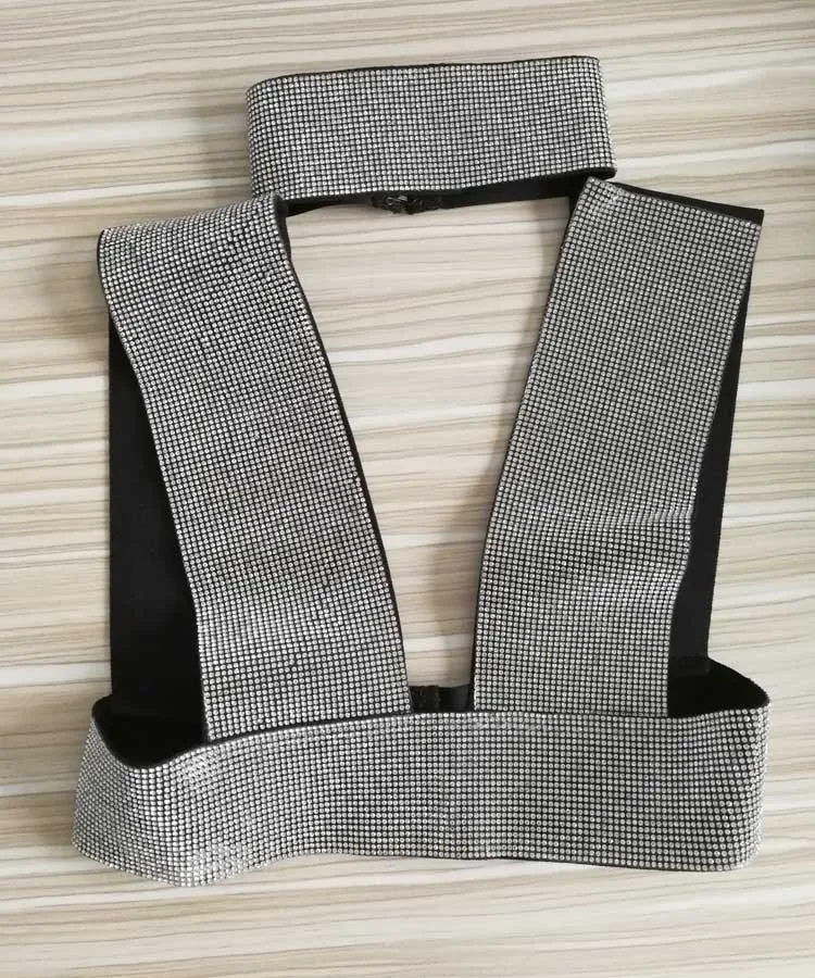 Женский бандажный Топ черный топ с глубоким треугольным вырезом и стразами|bandage