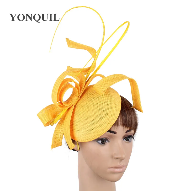 Цвет: желтый Champagne imitation sinamay fascinator ladies wedding hats royal floral with feathers headwear hair clips occasion church event - Цвет: Цвет: желтый