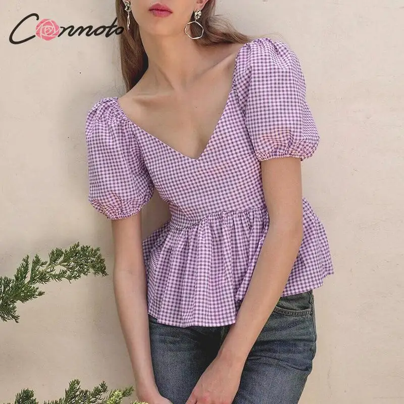 Conmoto Модные укороченные топы и блузки фиолетовые женские рубашки в клеточку