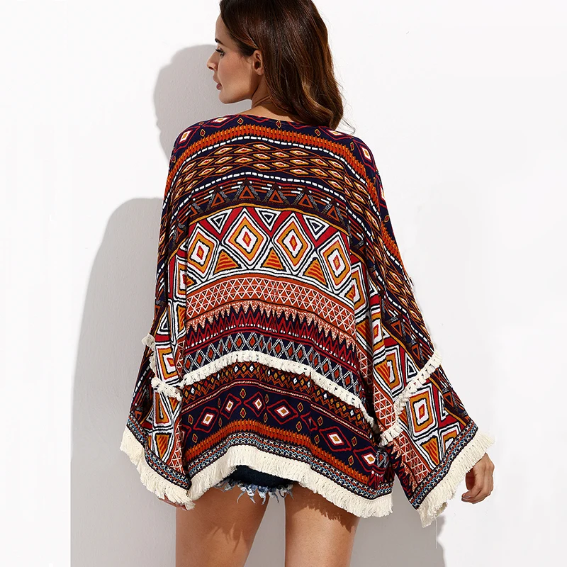 Boho Summer Casual Blouse Plus Size Women Top Multicolor Print Flare Sleeve Kimono Tassel Ladies Blusas Mujer Beach Long |