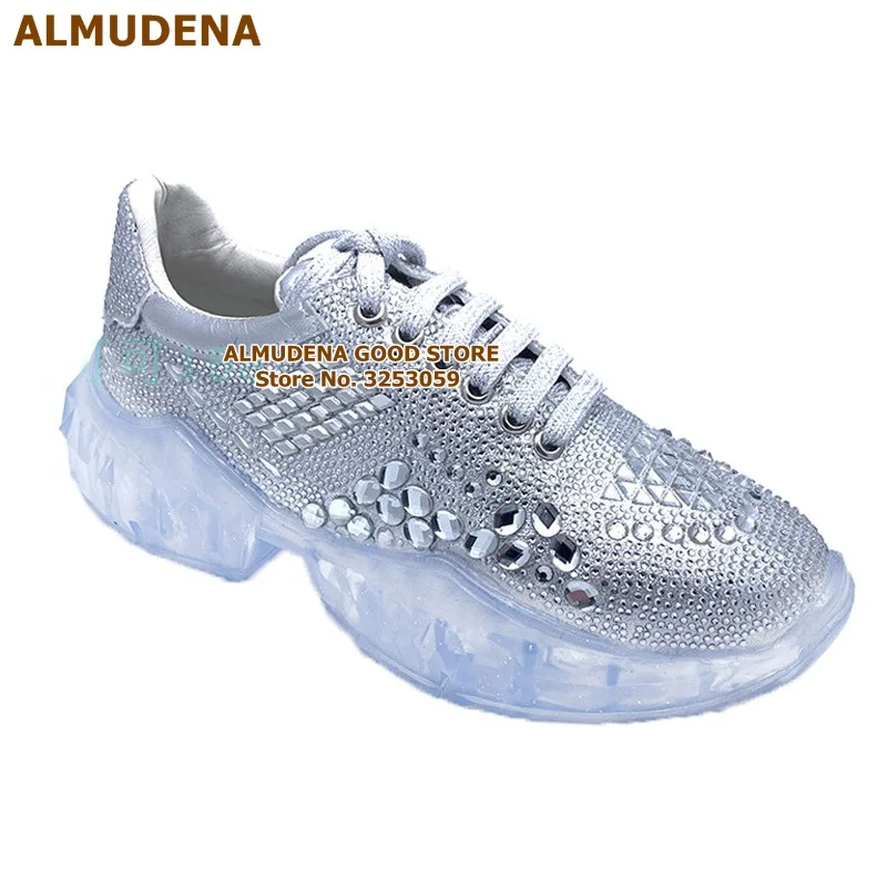 silver as picture ALMUDENA/Новинка; женские кроссовки со сверкающими кристаллами и бусинами; шикарная обувь для отдыха на шнуровке; цвет золотистый, Серебристый; повседневная обувь на прозрачной платформе - Цвет: silver as picture