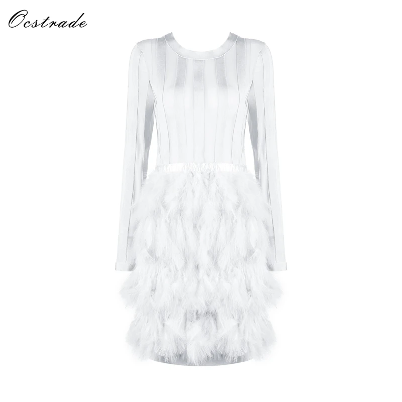 Белый Ocstrade Vestido Бандажное платье Новое поступление сексуальное женское черное перьевое Платье женское Сетчатое облегающее платье с длинным рукавом для вечеринок - Цвет: Белый