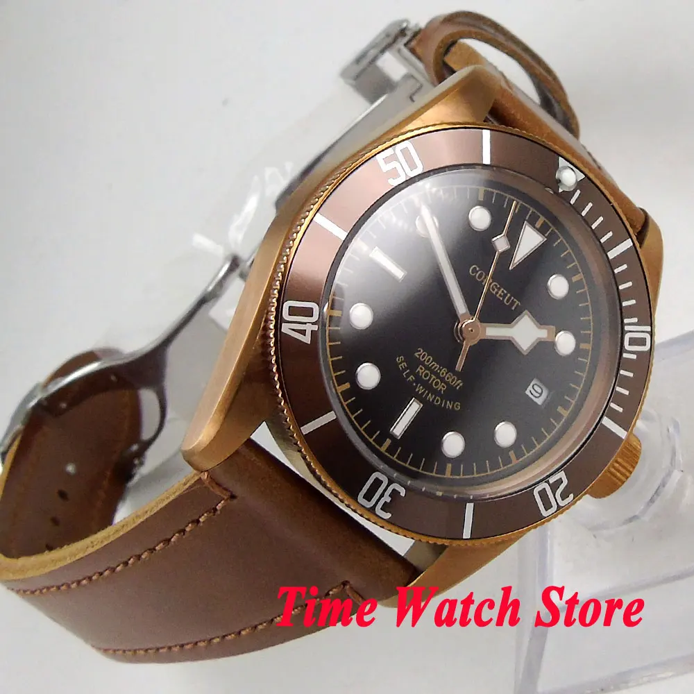 Мужские автоматические часы с черным циферблатом сапфировым стеклом и бронзовым