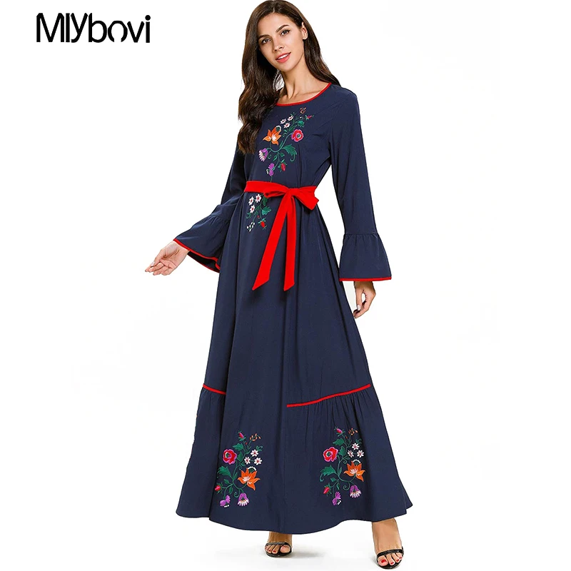 Женское платье макси с вышивкой темно синее Abaya из Дубая мусульманское кафтан