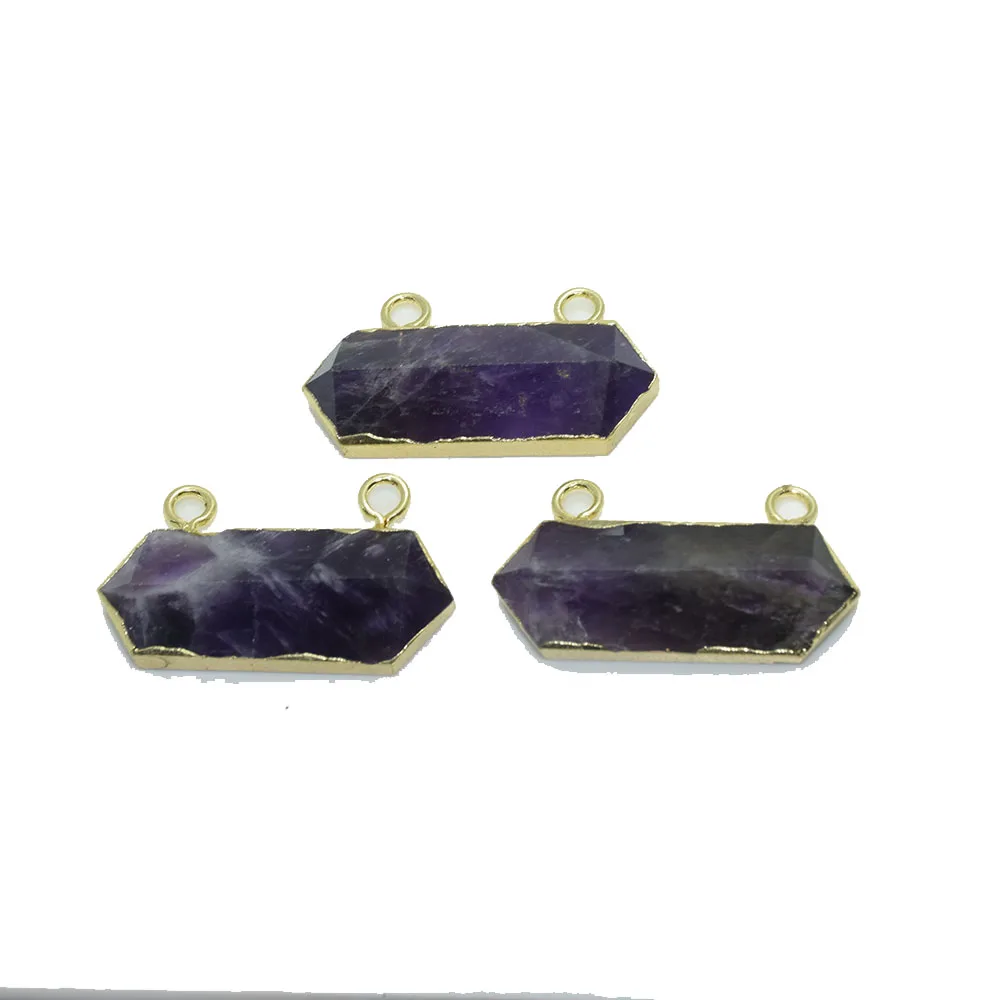 

Natural gem stone Hexagonal connector for necklace marble purple crystal quartz gold bezel pendant connector for women