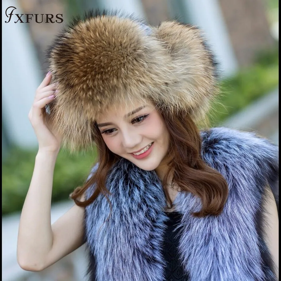 FXFURS женские зимние шапки из меха енота с кожаным верхом бомбардировщик ушных лоскутов шапки русская ушанка для улицы Leifeng лисий мех шапки