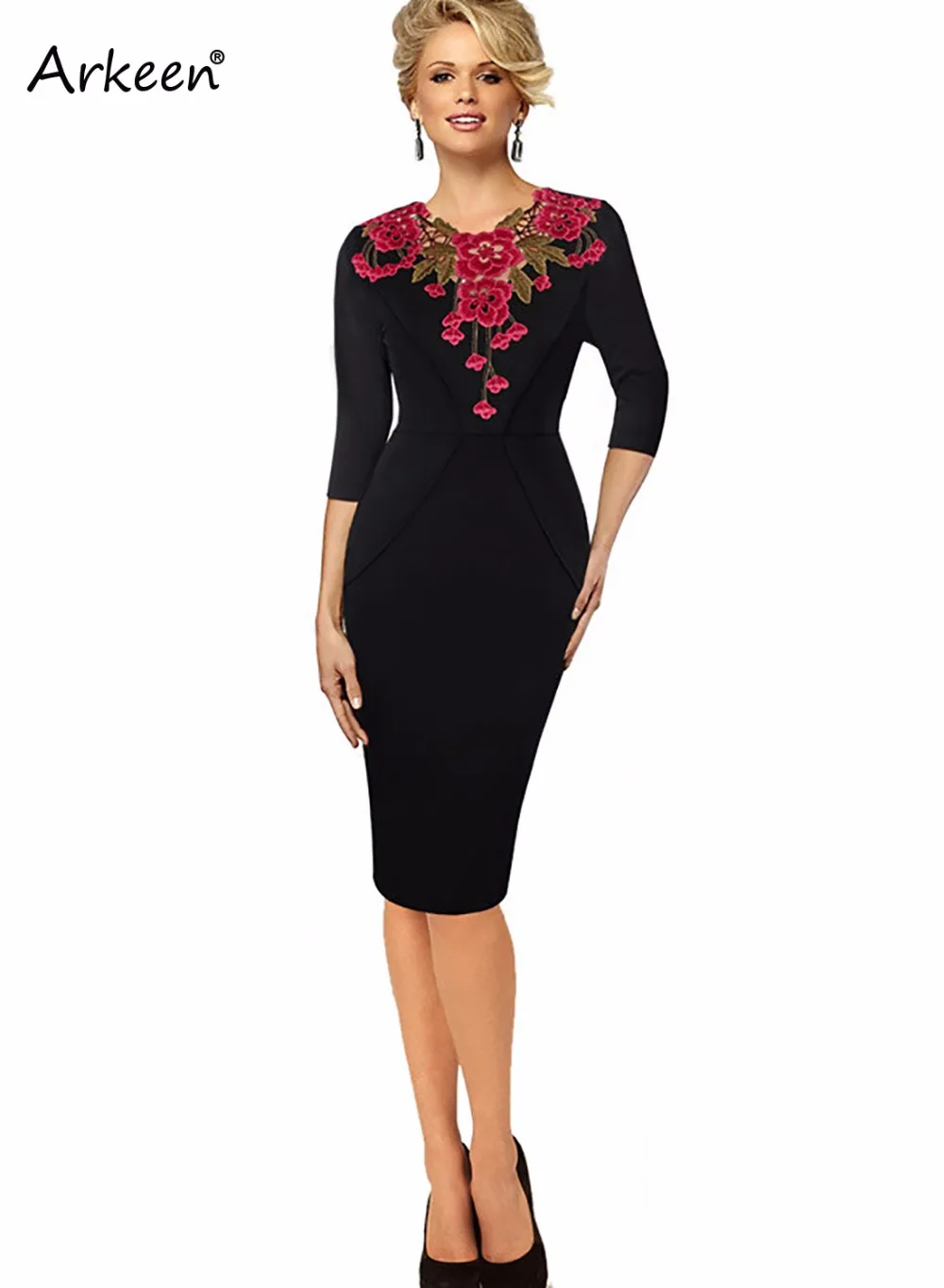 Ретро Вышивка крючком Floral Sheath Dress 2017 женская обувь Bodycon зеленый социальных