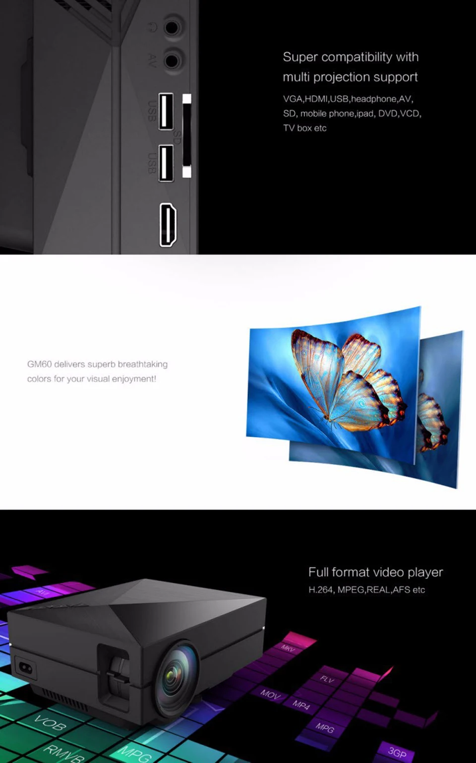 Ручной мини ЖК-проектор GM60, 800x480, Макс. Поддержка 1920x1080, объектив с многослойным покрытием HDMI, 1000 люмен