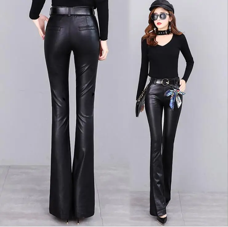 

New pu Split-leg leather pants female 2020 new autumn and winter bell-bottom pants trousers Korean version high waist