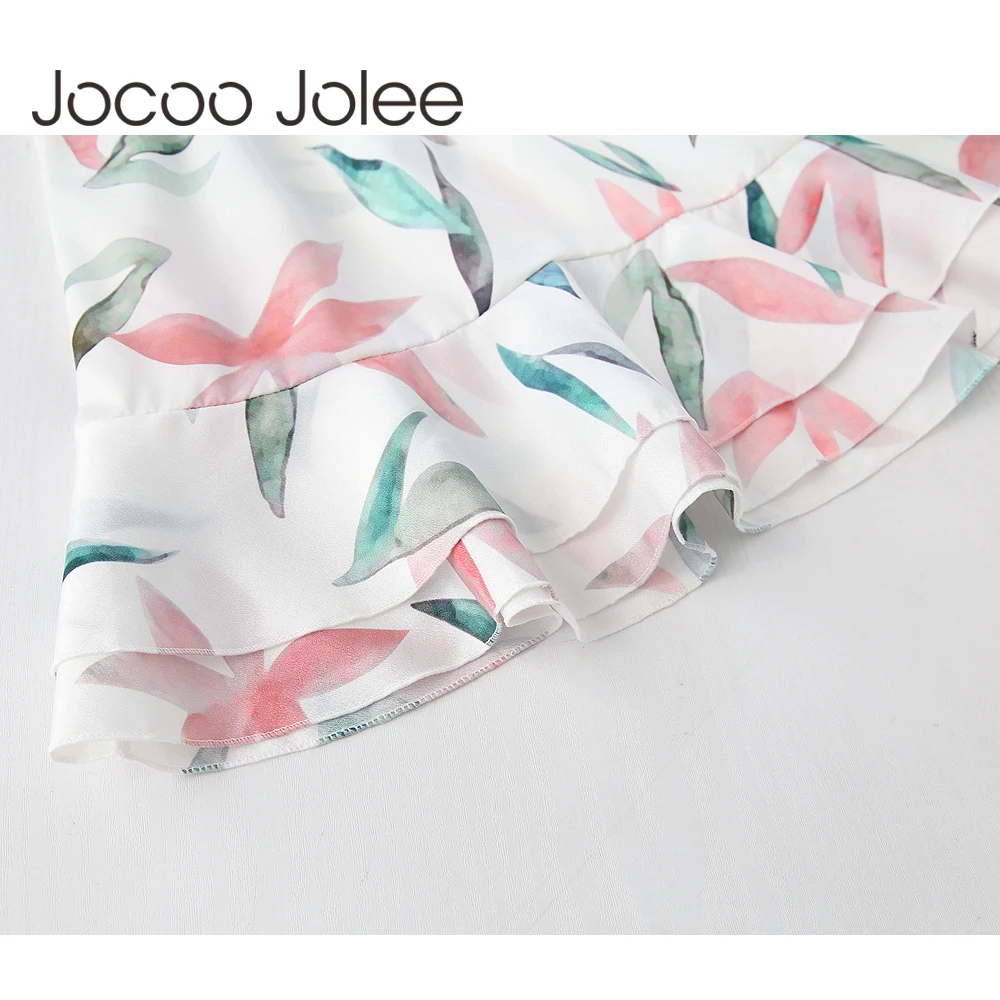 

Jocoo Jolee Sexy V-Neck Beach Print Dress Female Ruffles One Side Sleeves Backless Spaghetti Sash Chiffon Dress 2018 Summer New