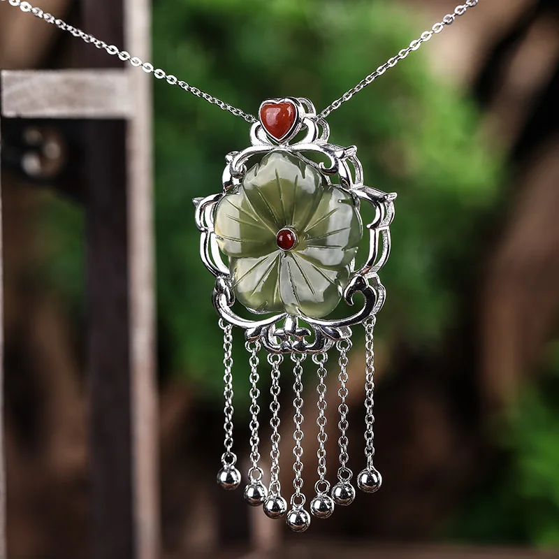 Polaroid S925 Pure Silver tassel Natural Hotan Jade Plum Blossom Pendant Retro Baitao Women's Necklace Wholesale | Украшения и