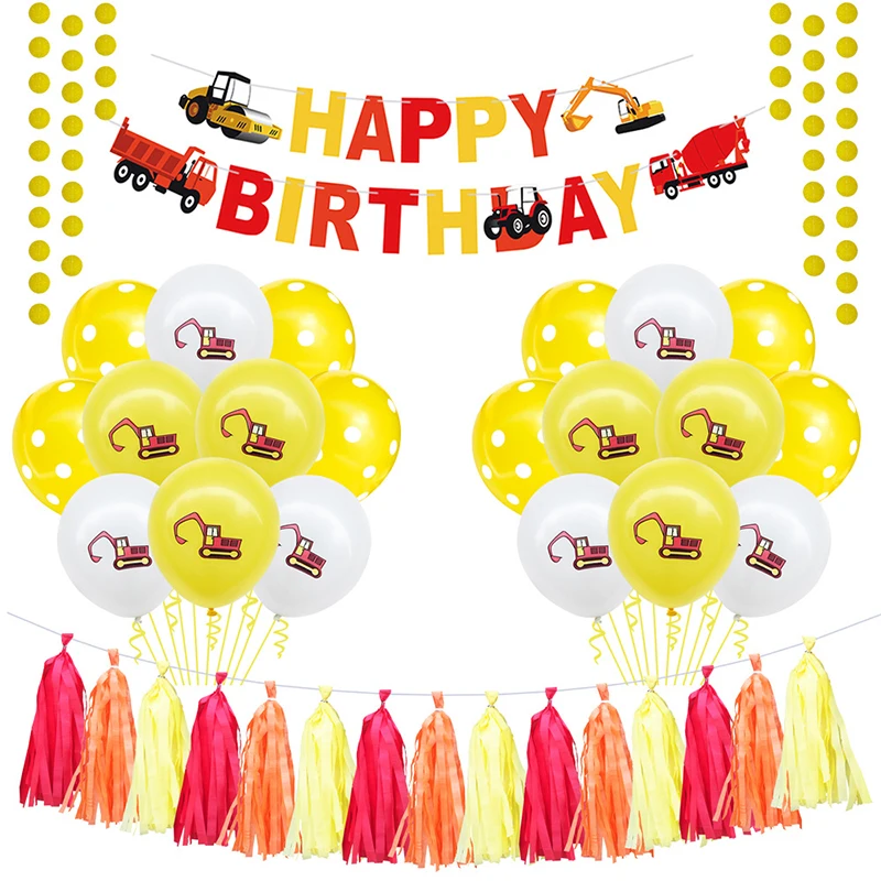 1set Excavator fringed latex balloon pull flower suit children happy birthday party balloons baby shower supplies banner - купить по