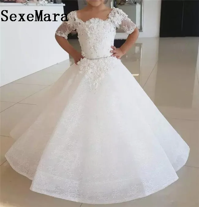 New White Puffy Flower Girl Dress For Wedding Half Sleeve Ball Gown Children Holy First Communion Gown