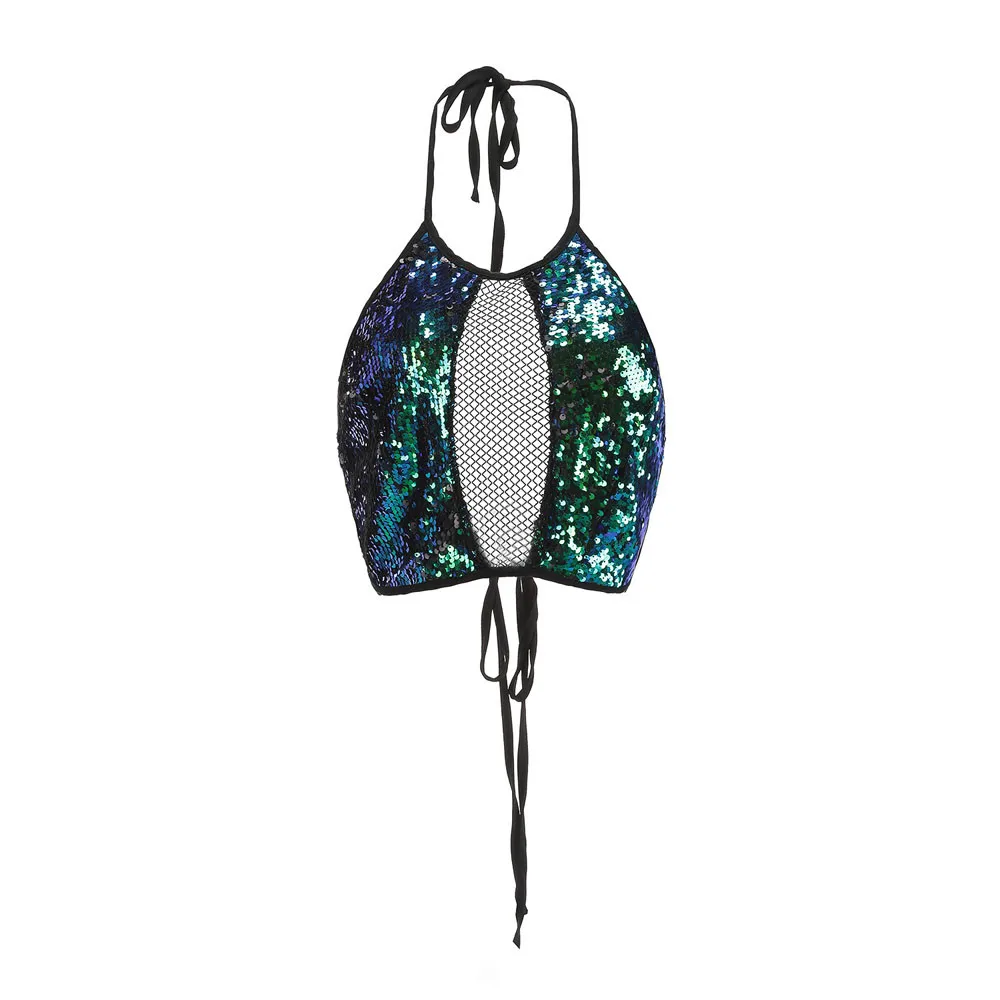 special design Casual Halter Sequins Backless Tank Tops Vest Blouse Sleeveless Crop Top camiseta tirantes mujer | Женская одежда