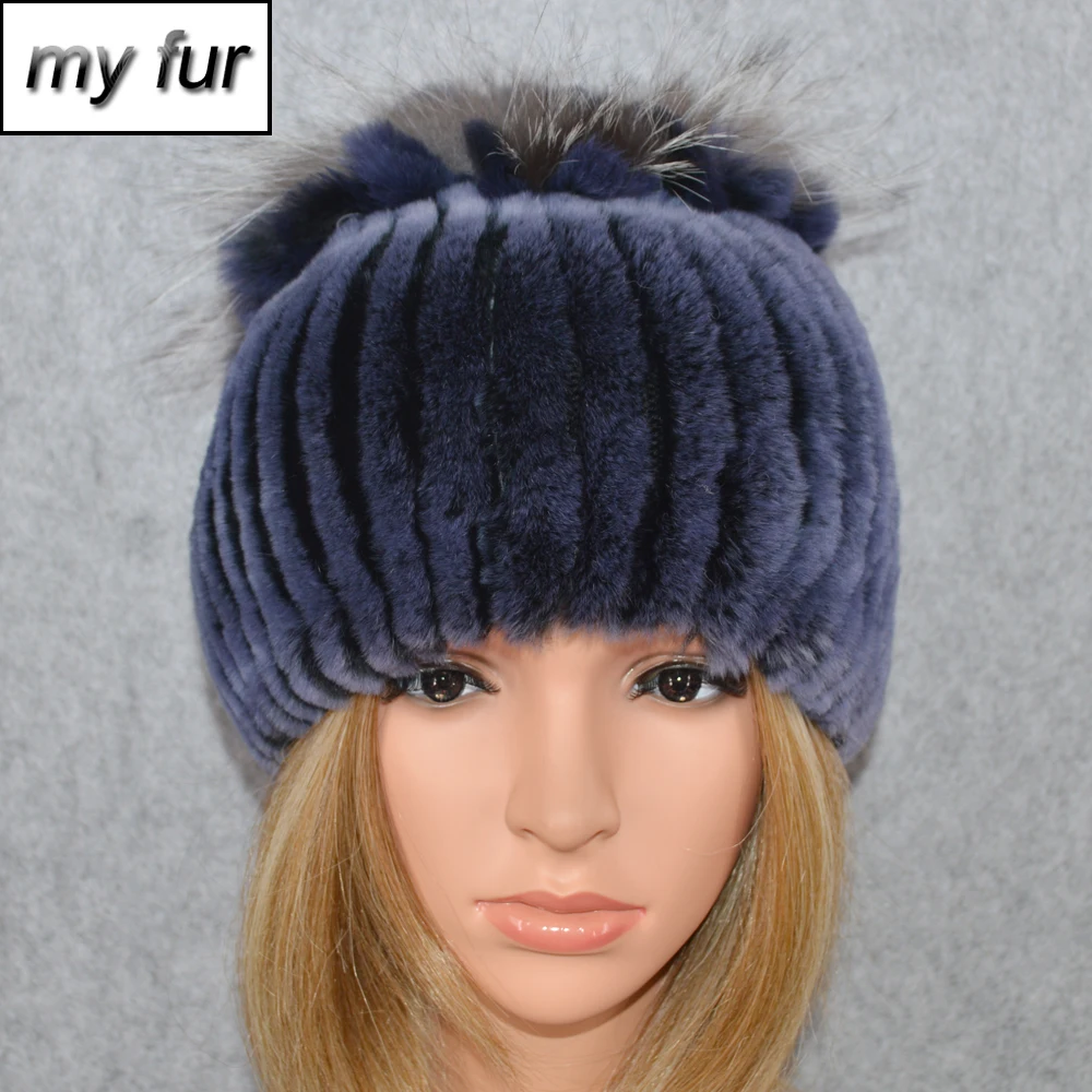 Горячая Распродажа Настоящий мех кролика Skullies Beanies шапки женские зимние теплые ручной работы вязаная шапка из меха кролика рекс шапки для девочек натуральный мех