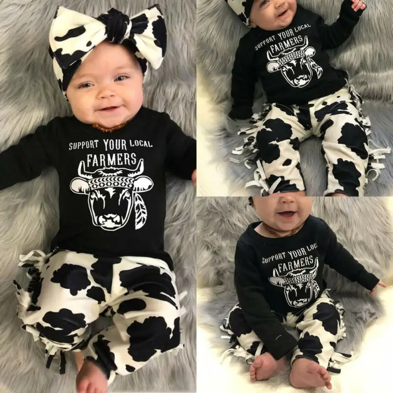PUDCOCO Newborn Baby Girl Boy Cow Long Sleeve Tops T-Shirt Tassels Legging Pants Headband Outfits 3PCS Clothes Set 0-24M | Детская