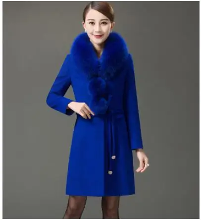 Sapphire blue На осень-зиму женская новая модная куртка с большим меховым воротником, длинное однобортное шерстяной кашемир пальто леди большие размеры на шнуровке шерстяное зимнее пальто - Цвет: Sapphire blue
