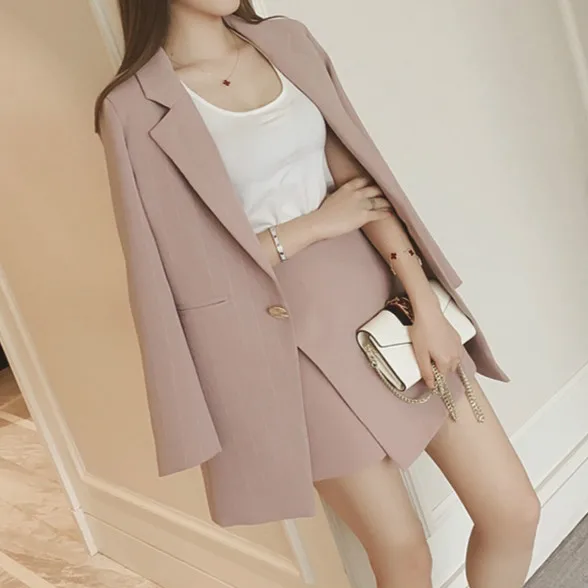 Весна Новая мода женские юбочные Костюмы полосатый Длинный блейзер 2 шт. для