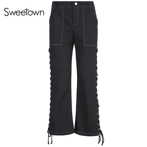 Sweetown, черный боковой Бандаж с люверсами, уличная одежда, брюки, женская одежда,, панк, готика, женские штаны с высокой талией, широкие штаны и джоггеры - Цвет: black