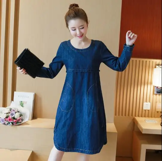 2018 Winter Knee Length Loose Jeans Dress Ladies Autumn Office Long Sleeve Denim Plus Size Women Clothing E51 | Женская одежда