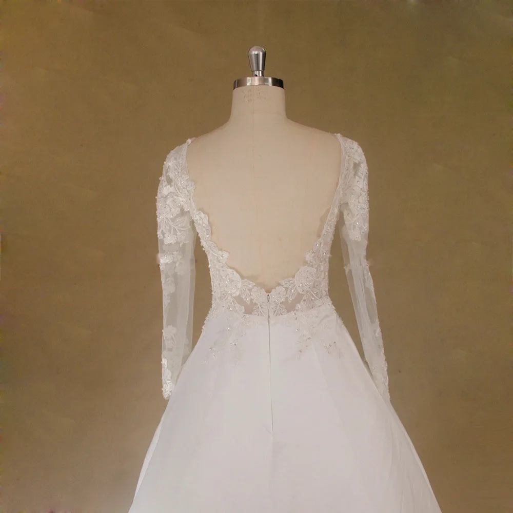 Lien Z.tang Satin A line Big backless wedding dress with long sleeve real picture royal bridal gown train elegant bride | Свадьбы и