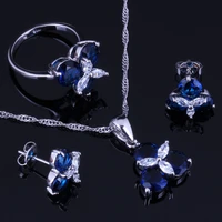 elegant blue cubic zirconia white cz silver plated jewelry sets earrings pendant chain ring size 6 7 8 9 10 v0002