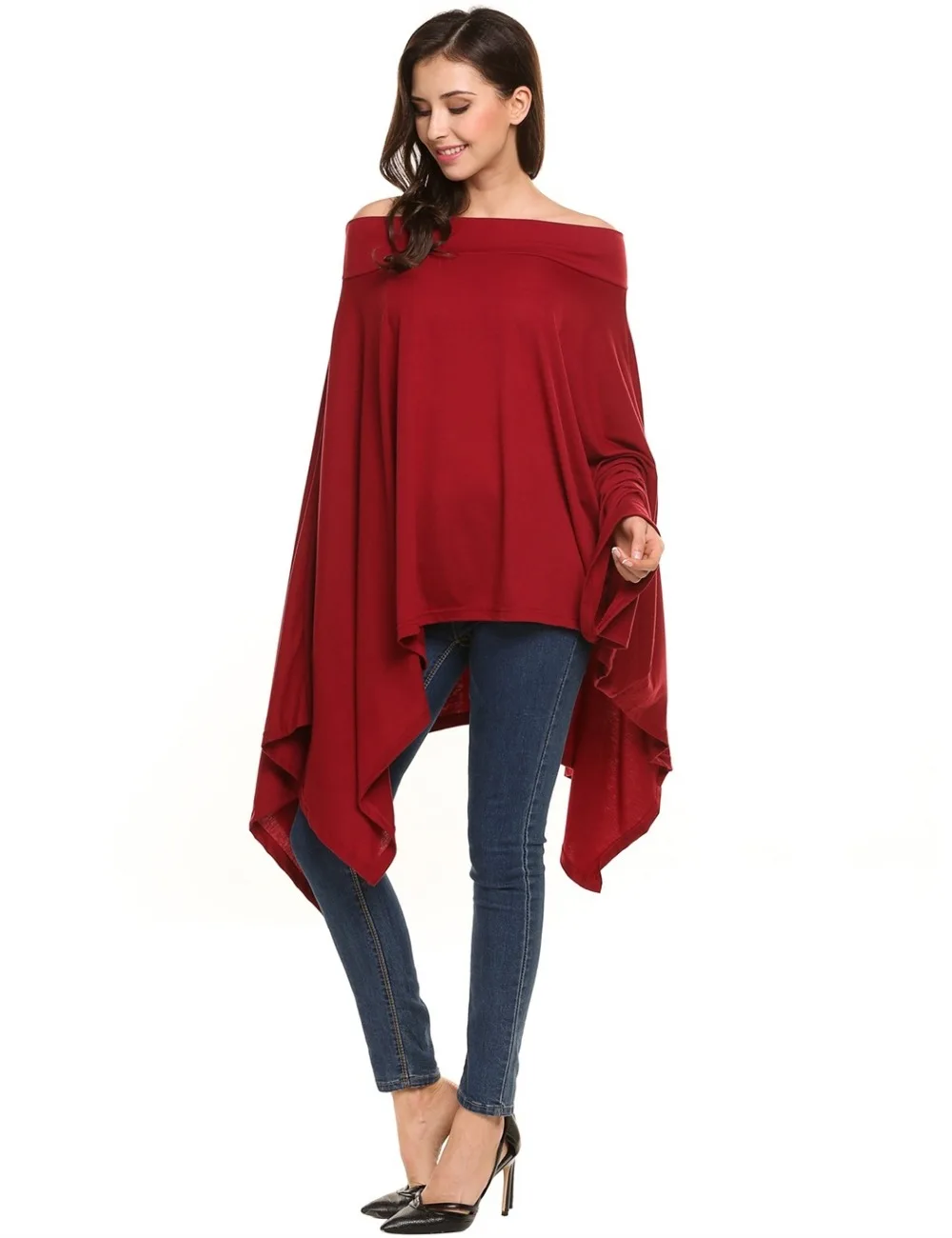 Женщины slash шеи нерегулярные хем batwing рукавом твердые свободные пуловер dress|pullover