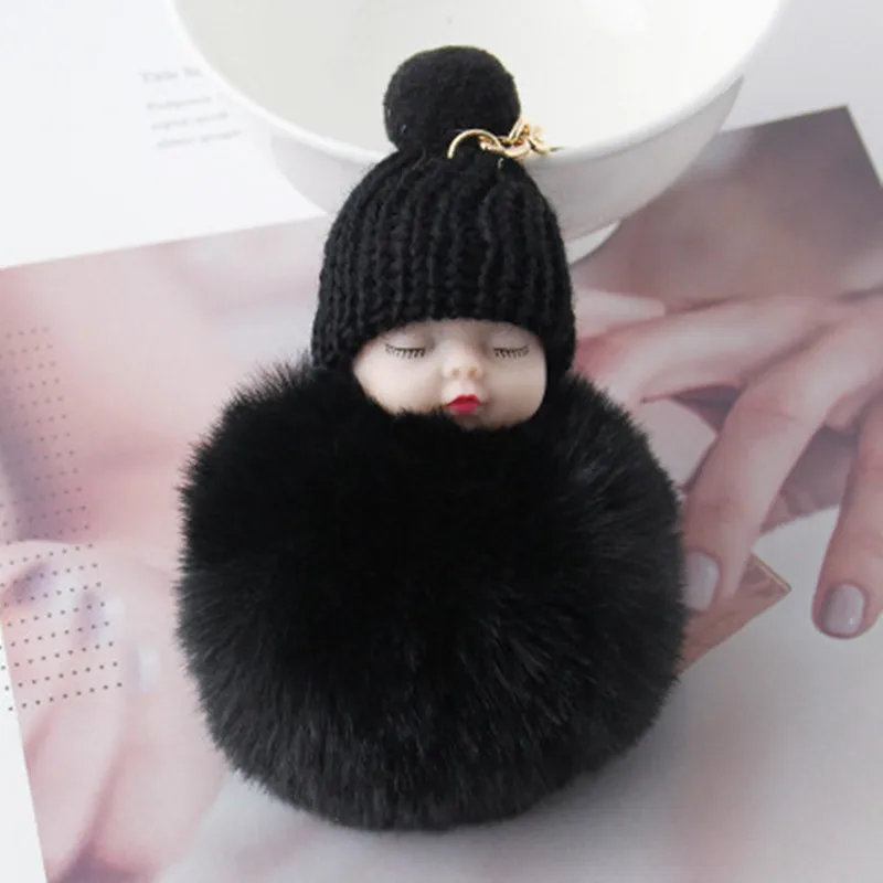 10pcs Fashion Sleeping Baby Doll Keychain Pompom Rabbit Fur Ball Key Chain Car Keyring Women Holder Bag Pendant Charm Gifts | Украшения и
