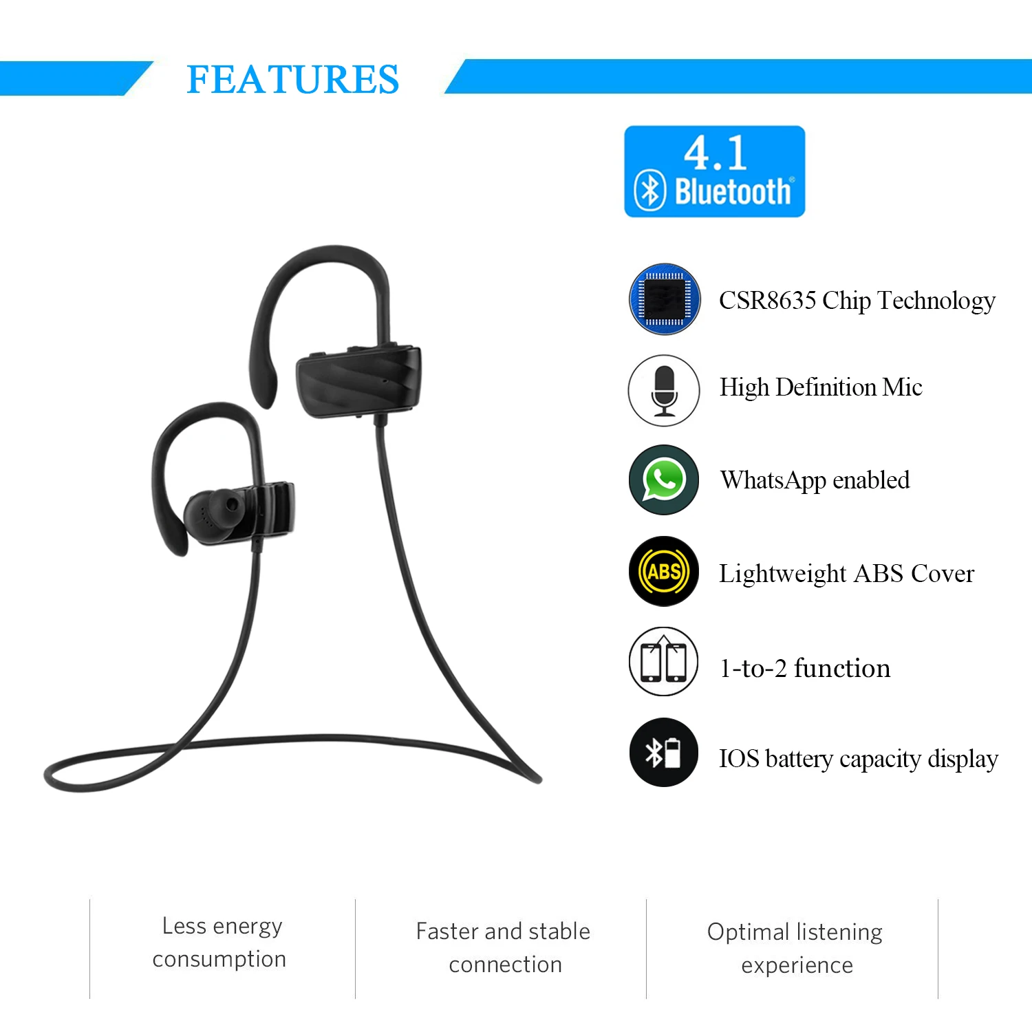Беспроводной bluetooth наушники со светодиодными огнями V4.1 спортивные для бега
