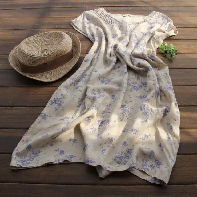 Vintage 2017 fluid loose one-piece dress flower print medium-long linen summer cool sleeveless | Женская одежда