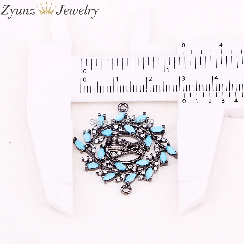 10PCS AZYZ302-5373 Micro Paved CZ and blue Stone Virgin Maria Bracelet Connector Beads Fashion Women Jewelry Findings | Украшения и