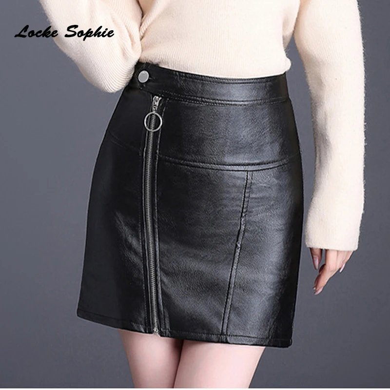 Hight waist Womens Plus size Pencil skirts 2018 Winter faux fur PU leather zipper Irregular Ladies Skinny | Женская одежда