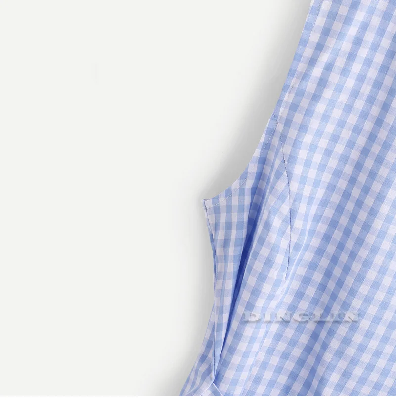 Gzdl Лето Для женщин блуза в клетку Стиль оборками с завязкой спереди женские топ