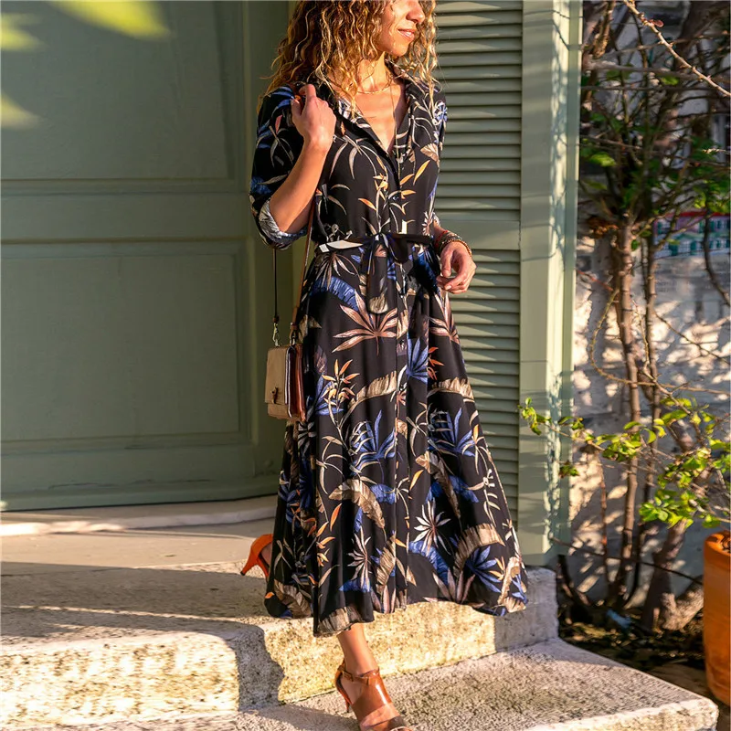 

Floral Print Boho Chiffon Dress Long Sleeve Turn Down Collar Shirt Dress Ladies Casual Dresses Vestidos Summer Autumn
