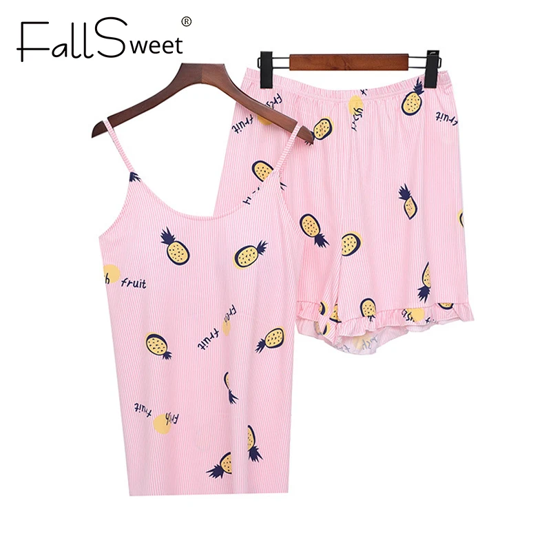 Женские пижамы с рисунком из хлопка FallSweet, набор белья из двух частей, без рукавов, с вшитыми чашками, для лета