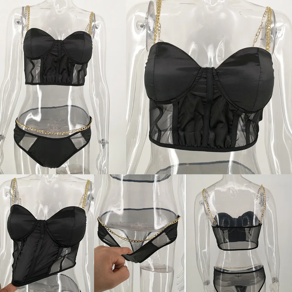 

Sexy Black Satin Mesh perspective Summer bodysuit women Two piece Metal chain bandage jumpsuit beach Party Night club overalls
