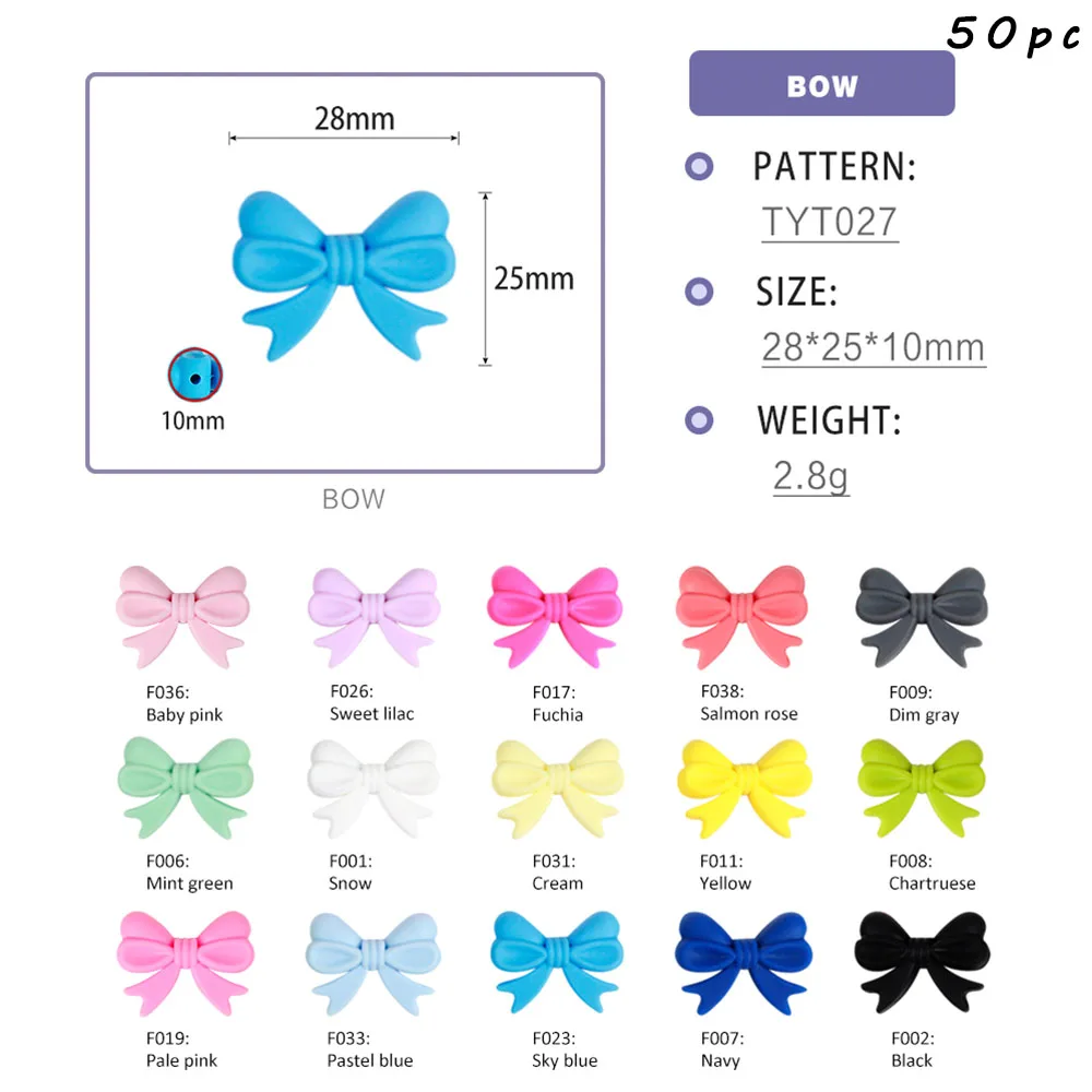 Bow-knot-mix TYRY. HU 50 шт./лот мультфильм Силиконовые Бусины Единорог слон лиса Пингвин собака пищевой детский Прорезыватель DIY Детские Прорезыватели для зубов игрушки, не содержащие БИСФЕНОЛ - Цвет: Bow-knot-mix