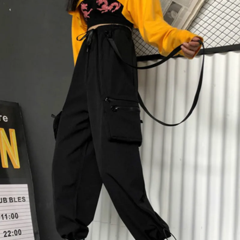 black pants Neploe черного цвета с эластичной резинкой на талии женские брюки-карго с накладным карманом уличная одежда свободного кроя, штаны-шаровары в стиле хип-хоп Харадзюку Для женщин брюки - Цвет: black pants