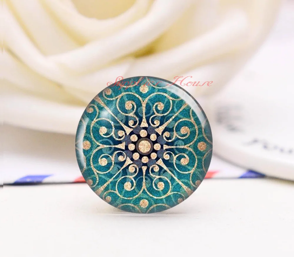 Круглые бирюзовые стеклянные кабошоны ручной работы с зелеными цветами