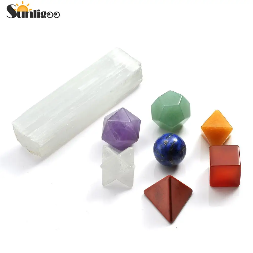 Set 15 Sunligoo новейший целебный 7 ЧАКРА КРИСТАЛЛ Plantonic Твердые геометрии+ селенитовые палочки полировка обрушенный камень набор украшения - Цвет: Set 15